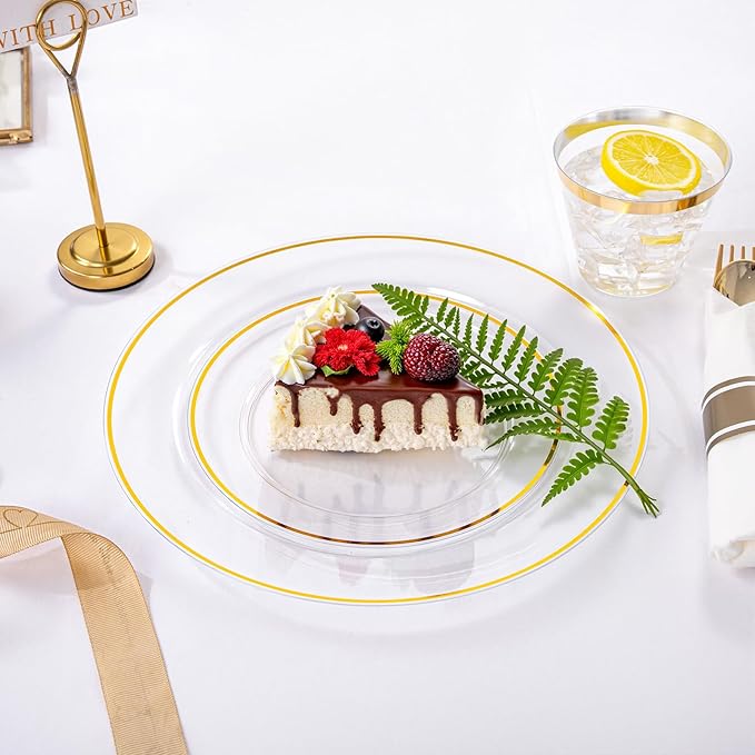 SUT 350 Pcs Gold and Clear Plastic Dinnerware Set for 50 Guests, Include: 50 Dinner Plates, 50 Dessert Plates, 50 Pre Rolled Napkins With Silverware, 50 Cups, Disposable Plates for Party, Wedding