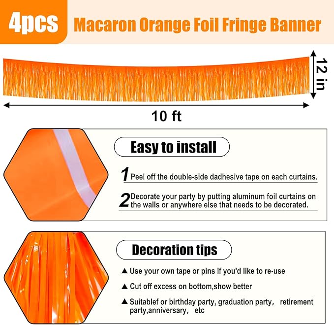 4 Pack 10 Feet Macaron Orange Foil Fringe Garland Metallic Tinsel Streamers Banner Wall Hanging Curtain Backdrop for Parade Floats, Wedding, Graduate, Mother's Day, Birthday Party Decoration