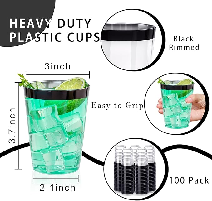 DaYammi 100 Pack Black Plastic Cups 10Oz Clear Disposable Cups with Black Rim, Clear Cocktail Cup Heavy Duty Disposable Wine Glasses Disposable Fancy Plastic Cups for Halloween Party