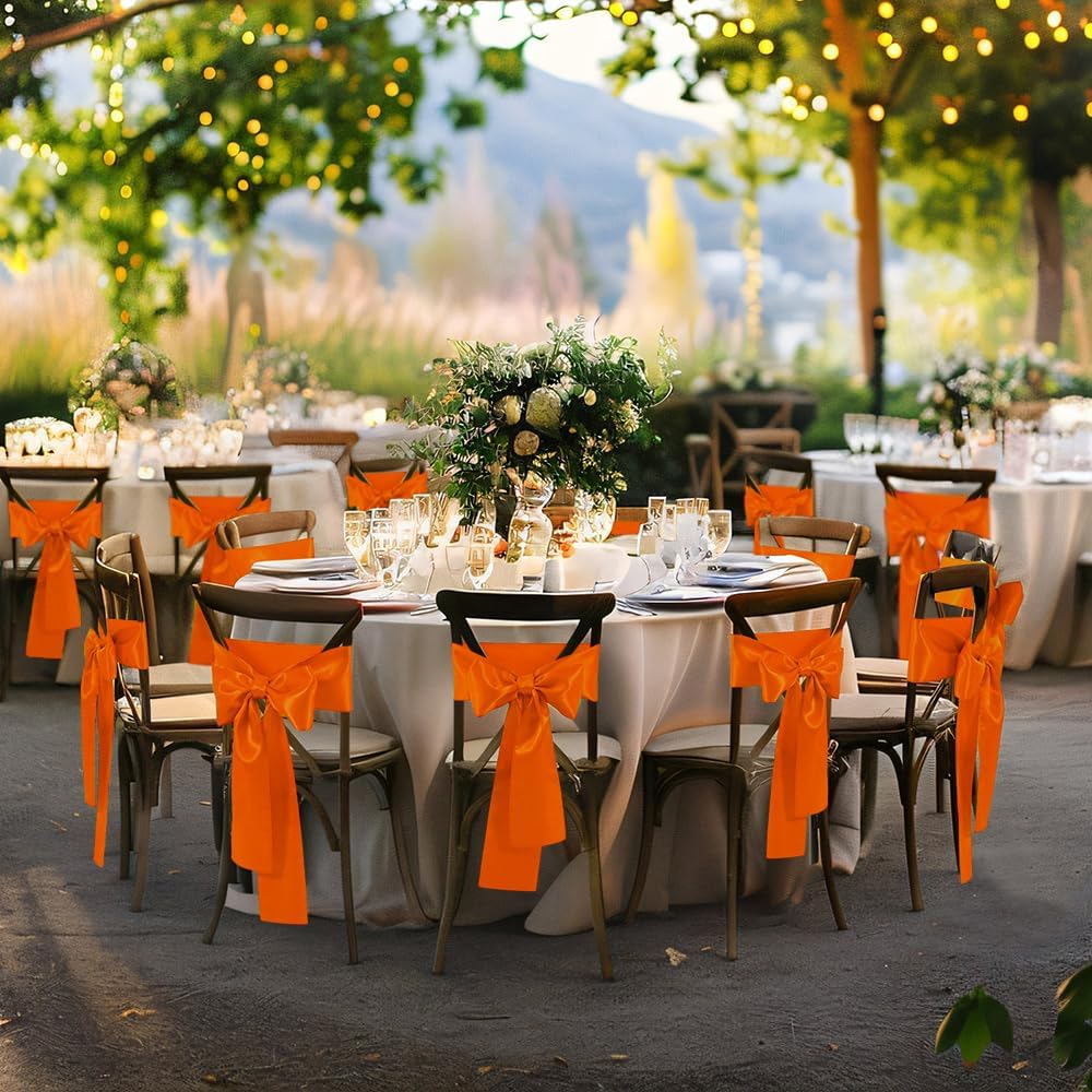 Orange Satin Chair Sashes Bows, 6 x 108 inch, 10 Pcs | Universal Chair Cover, Wedding Reception Events Banquets Party, Hotel Event Decorations