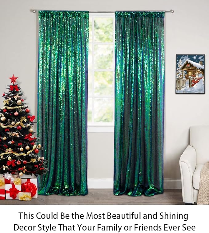 ShinyBeauty Sequin Curtains 2 Panels 2FTx8FT Iridescent Green Photo Booth Backdrop Prom Backgrounds Baby Shower Backdrop Wedding Ceremony Birthday Party Decorations