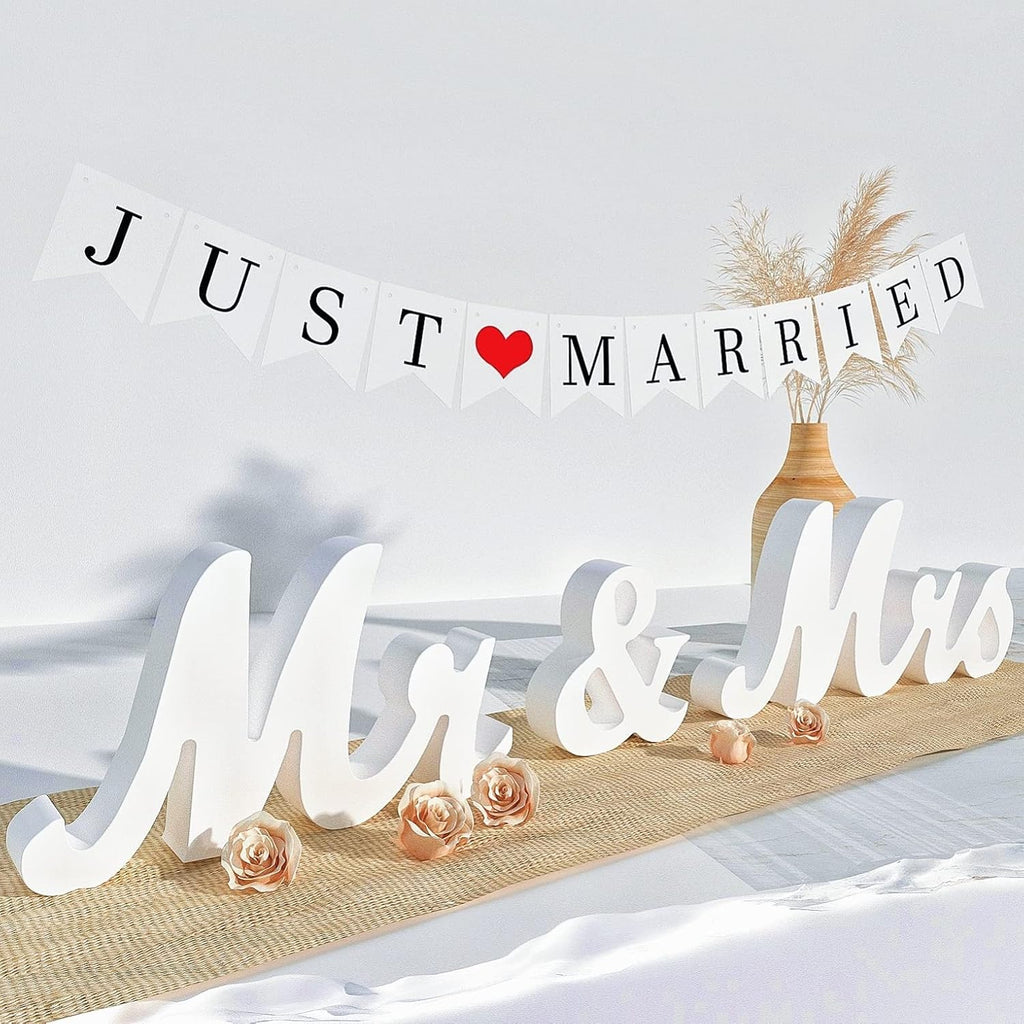 VIOPVERY Mr and Mrs Sign for Wedding Table,Large White Mr and Mrs Sign,Wooden Letters,Mr & Miss Sign with Just Married Banner Wedding Decorations for Anniversary