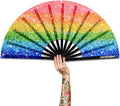 UV Glow Rave Fan, Bamboo Folding Clack Hand Fan for Men Women (Glitter Rainbow, Large 13")