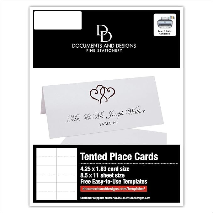 Linked Hearts Printable Place Cards, Chocolate (Choose Color), Set of 60 (10 Sheets), Laser & Inkjet Printers - Wedding, Party, Dinner, and Special Events - Made in the USA