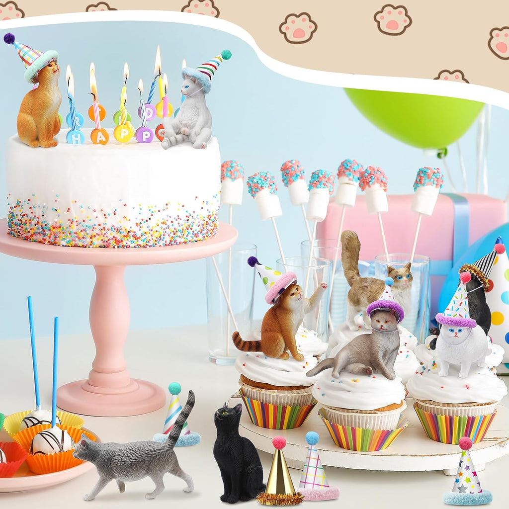 18 Pcs Cat Cake Toppers Figurine Hat Birthday Party Decorations