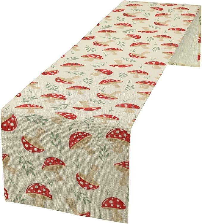 Mushroom Table Runner,Vintage Plant Print Table Runner for Kitchen Dining Table Home Party Decoration 13x108 Inch