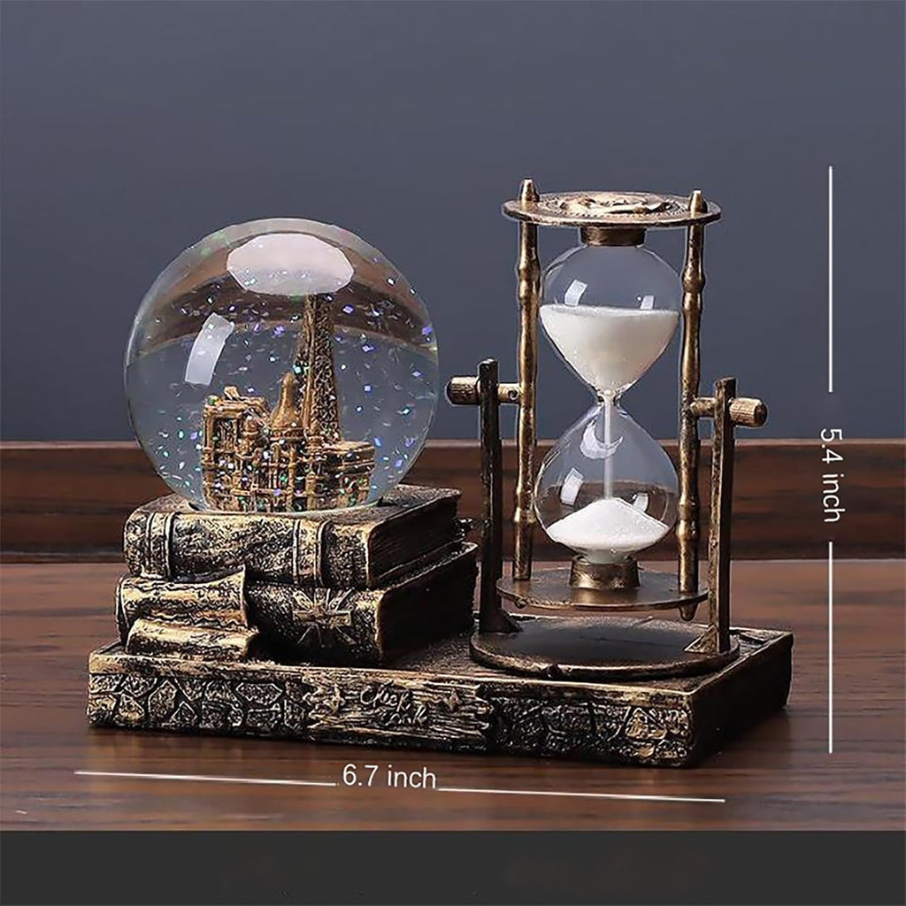 Snow Globe with Hourglass Timer Music LED Light Vintage Resin Paris Eiffel Tower Home Decoration for Living Room Bedroom Book Shelf Office Desk Table Top Decor Fireplace Table Ornaments (A - Brass)