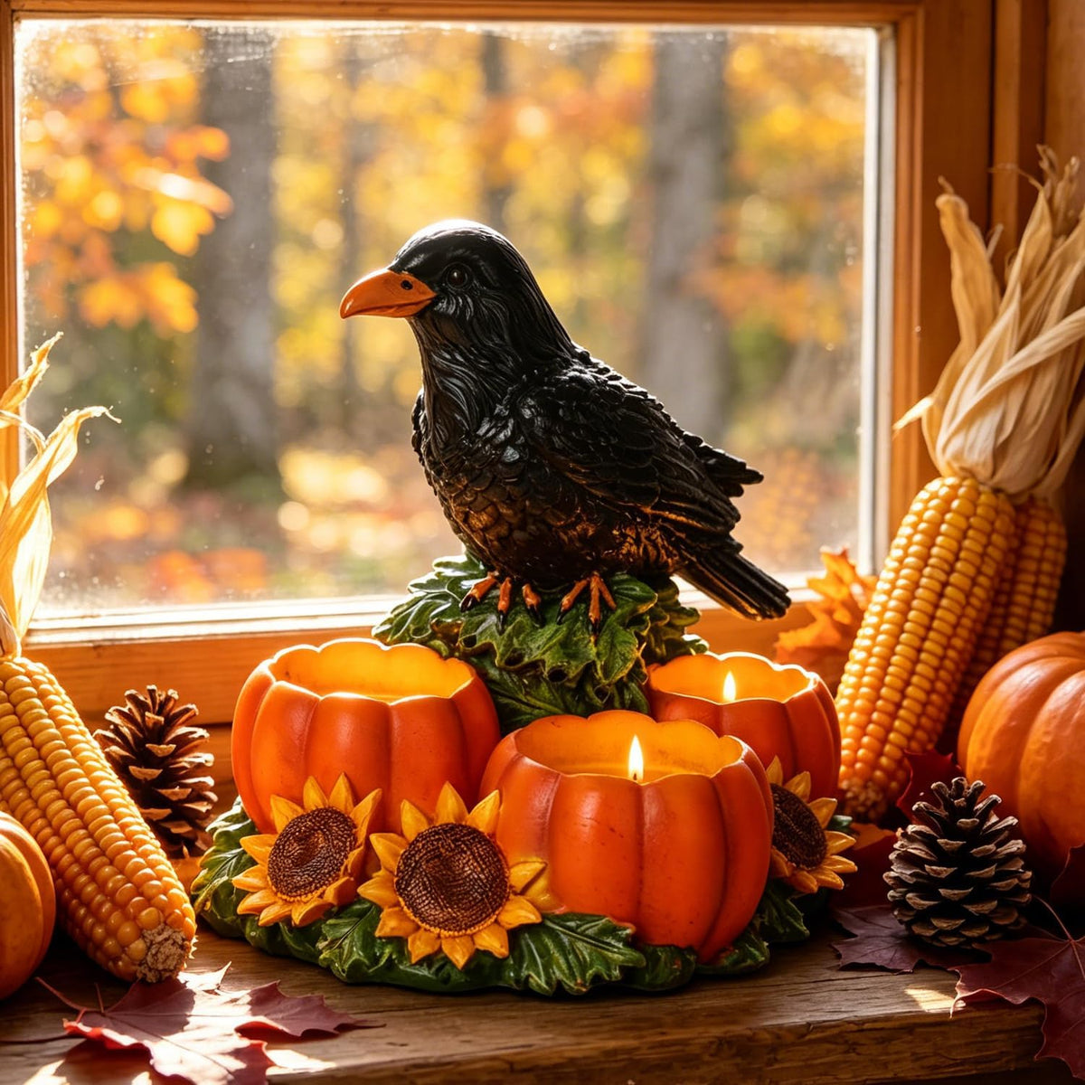Halloween Raven Candle Holder with 3 Pumpkin Tealight Holders