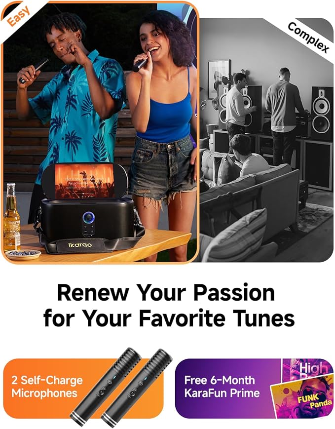 Ikarao Karaoke Machine for Adults, with Lyrics Display, Karaoke System for YouTube, 280W Speaker, Autotune & EQ, Connect to TV, Portable PA System with 2 Wireless Microphones for Home Outdoor Party