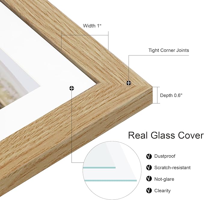 8.5x11 Picture Frame Set of 2, Natural Oak Certificate Document Frames with Glass Collage Frame, Display Pictures Two 5x7 With Mat or 8.5 x 11 Without Mat for Wall Hanging or Tabletop