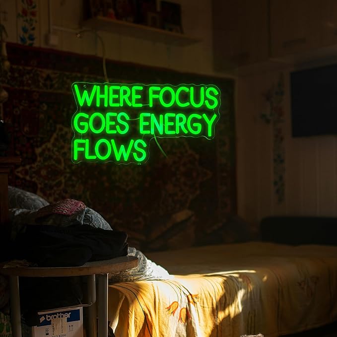 Where Focus Goes Energy Flows Neon Sign 16.5 * 9.1In Dimmale Green Light Up Sign for Wall Decor Led Words Neon Light for Bedroom Party Bar Personzalized Gift (USB Powered)