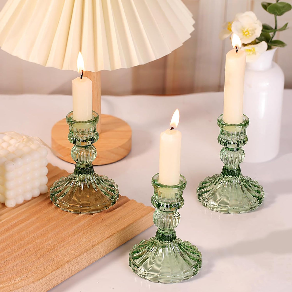 12PCS Green Candlestick Holders Set- 4" H Taper Candle Holders, Glass Ca...