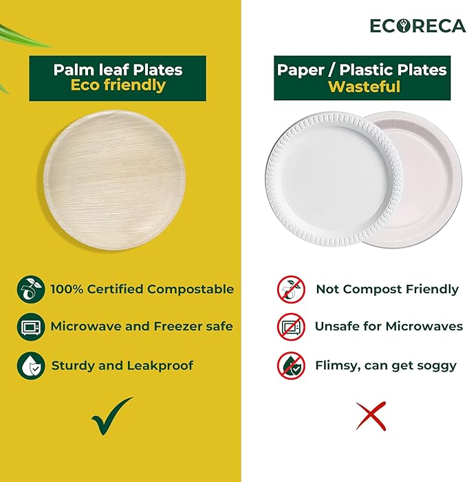 150-Piece Biodegradable Palm Leaf Dinnerware Set | 10", 7", 5” Inch Round Plates |Eco-Friendly Disposable Plates & Cutlery for 25 Guests Forks, Knives & Spoons for Wedding, Parties, BBQ