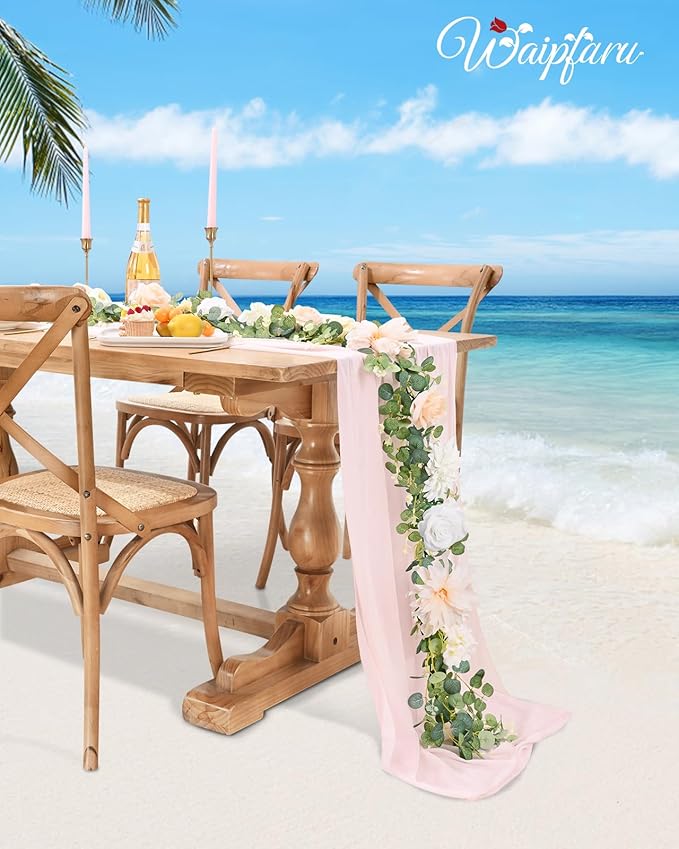 Waipfaru 2Pcs 6.07Ft Eucalyptus Greenery Garland with Flowers, Dusty Blue and White Rose Flower Vines for Wedding Table Runner Centerpieces Backdrop Room Decor