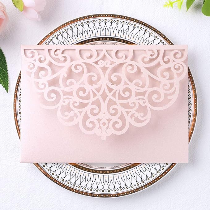 PONATIA 5.12 x 7.2 Inches 20PCS Tri-Fold Laser Cut Wedding Invitation Pocket with Envelopes for Wedding Bridal Shower Engagement Birthday Invite (Blush Pink, 20pcs No Inner Sheet)
