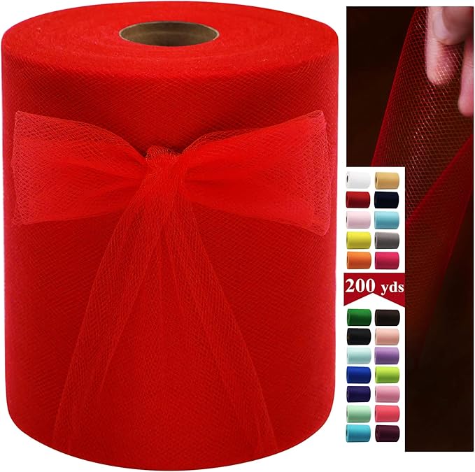 Red Tulle Fabric Rolls 6 Inch by 200 Yards (600 feet) Fabric Spool Tulle Ribbon for Christmas Gift Wrapping DIY Red Tutu Bow Baby Shower Birthday Party Wedding Decorations Craft Supplies