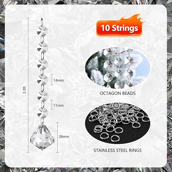 10 PCS Crystal Garland Strands, 33ft Hanging Crystal Strings for Window Curtains Doorway Decorations, Acrylic Clear Diamond Crystal Ornaments for Christmas Tree, Wedding Party Home Chandelier Decor