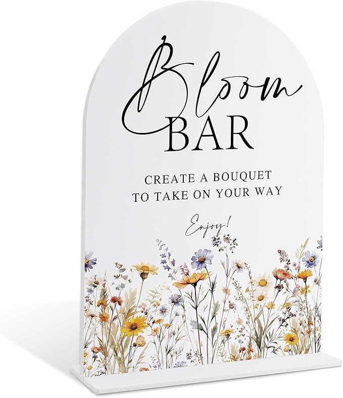 Wedding Signs for Ceremony and Reception, Boho Floral Acrylic Bloom Bar Sign, Wedding Signage with Stand, Bridal Shower Table Centerpieces, Bloom Bar Supplies for Engagement Reception Event Party, 20