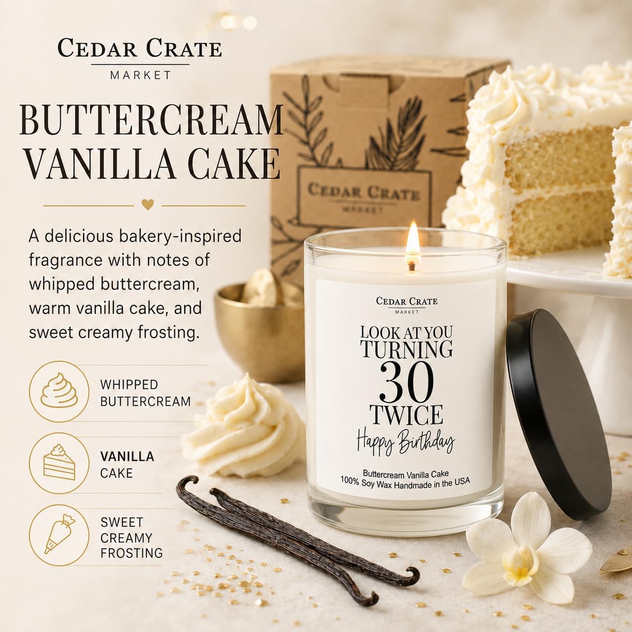 Crate Market 60th Birthday Gifts for Women – Buttercream Soy 60th Birthday Candle, 60+ Hour Burn, Funny Turning 60 Gift Ideas for Her Mom Wife Best Friend, Handmade USA