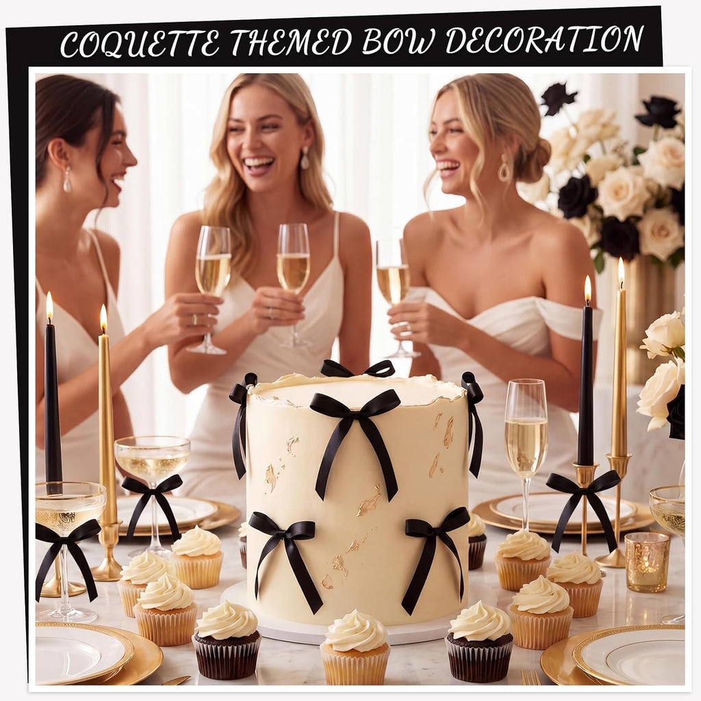 30PCS Black Ribbon Bows for Cakes Pre-Tied Bow Cake Toppers | Ready to Use Cake Bows for Birthday, Wedding, Baby Shower Bachelorette Party and Dessert Display Decorations