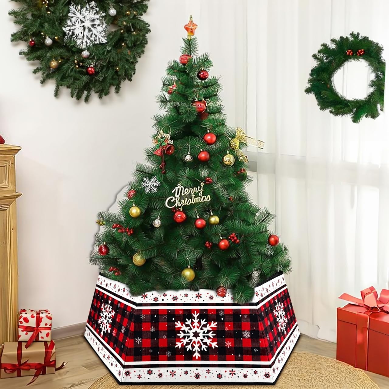 Christmas Tree Collar, Red Christmas Tree Collar, Buffalo Plaid Christmas Trees Skirt, Square Christmas Trees Ring, Foldable Hexagon Xmas Tree Skirt, Snowflake Decor for Holiday Party Home, 31 inch