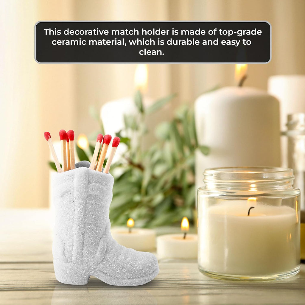 Cowboy Boot Match Holder with Striker – 1-Pack White Ceramic | Handmade Western Cowgirl Decor for Rustic, Farmhouse, or Aesthetic Homes