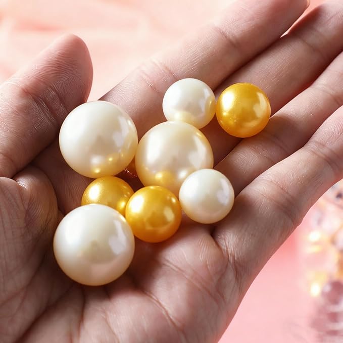 200 Pcs Vase Filler Beads Gold and White Pearl Beads for Vase No Hole Pearls for Centerpieces Vases DIY Home Table Party Decor DIY Wedding 8/14/20mm