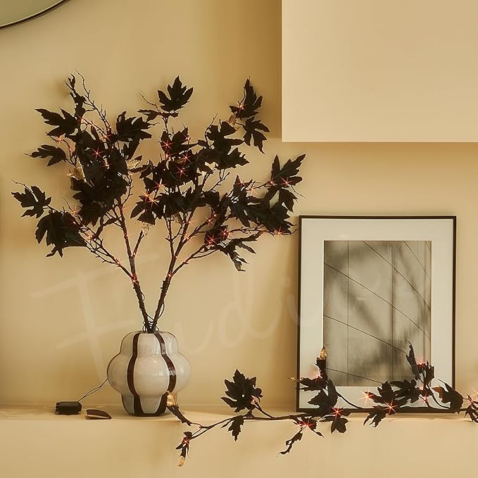 Fudios Halloween Black Branch Lights with Maple Leaves 120LED 32IN Battery Operated Thanksgiving Indoor Artificial Lighted Twig Branches with Timer Warm White and Orange Lights
