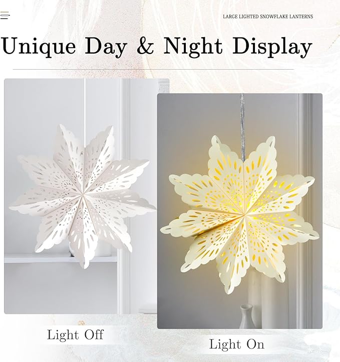 10 Pcs Christmas Paper Snowflake Lanterns, Large Christmas Paper Star Lanterns with LED Lights White Hanging Snowflake Lamp Ornaments for Xmas Winter Frozen Weddings Birthday Holiday Party Decorations
