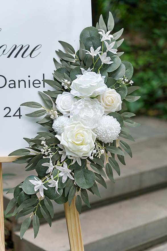 Artificial Flower Swag Set of 2 for Wedding Welcome Signs Floral Decorations, White Wedding Arch Flowers for Wedding Ceremony