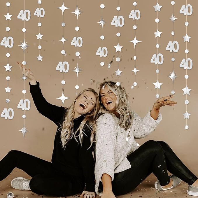 Silver 40th Birthday Decorations Number 40 Circle Dot Twinkle Star Garland Metallic Streamer Banner Backdrop for Women Mens Cheers to 40 Years 40 and Fabulous Happy 40th Anniversary Party Supplies