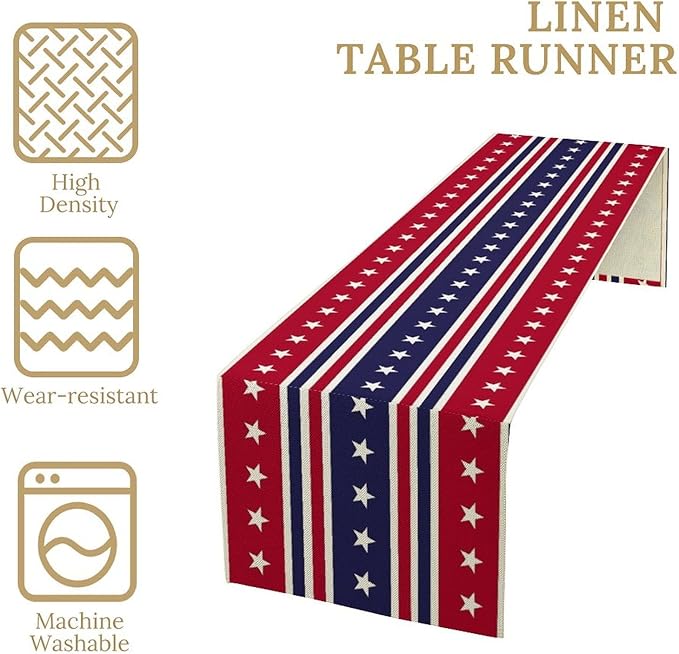 4th of July Table Runner, USA Flag Stars Stripes American Independence Day Red Blue White Stars Lines Print Table Cover for Farmhouse Kitchen Indoor Outdoor Home Party, 13x60inch