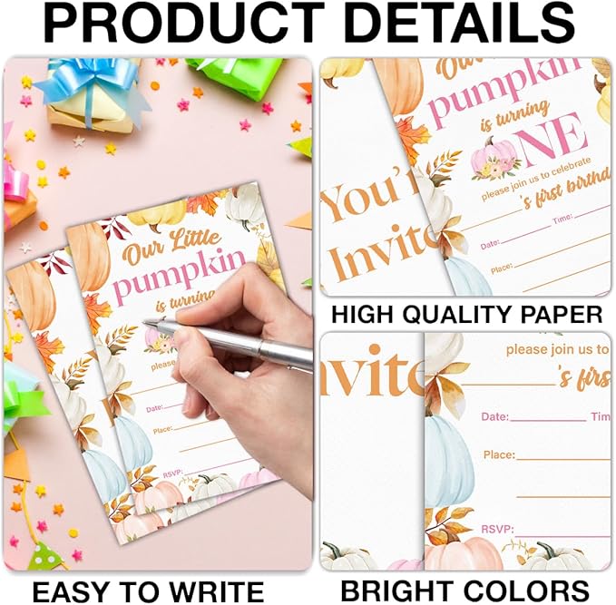Pumpkins First Birthday Party Invitations for Baby Girl Little Pumpkin 1st Birthday Party Fill in Invites Cards With Envelopes (20 Count), Double Sided Design