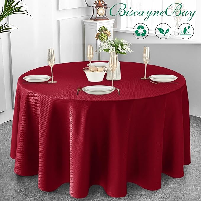 Biscaynebay Textured Fabric Round Christmas Table Cloths 108", Red Water Resistant Folding Table Covers for Dining, Kitchen, Wedding and Parties etc. Machine Washable