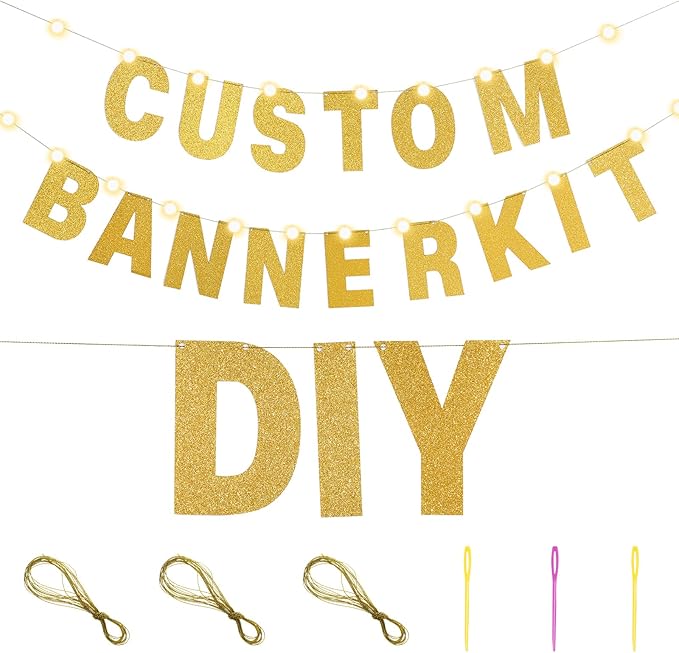 TaoBary 112 Pcs DIY Letter Kit Glitter Customizable Banner Letters Include 107 Letters and Numbers 3 Rope and 2 Needles for Birthday Halloween Christmas Wedding Valentine Party Decor(Gold)