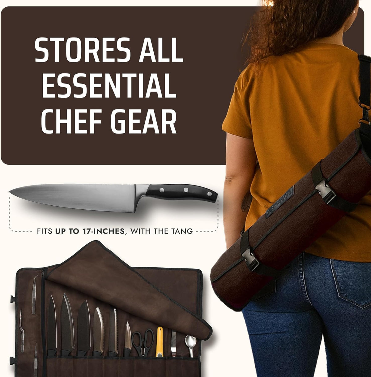 Asaya Waxed Canvas Chef Knife Roll Bag with 10 Slots and a Zipper Pocket - Pr...