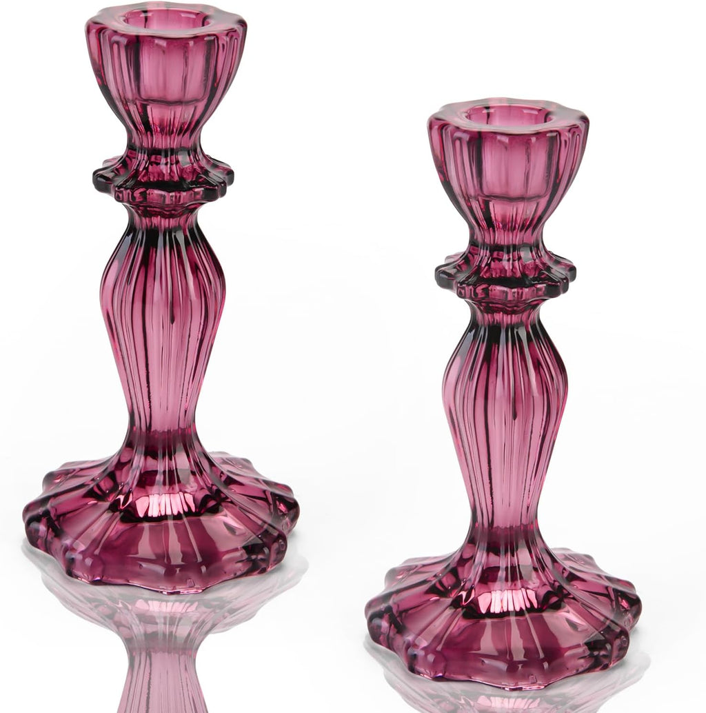 Glass Candle Holders, 2PCS Wide Base Candlestick Holder Decorative Candle Stand Table Centerpieces for Halloween Christmas Wedding Birthday Party, Dark Purple
