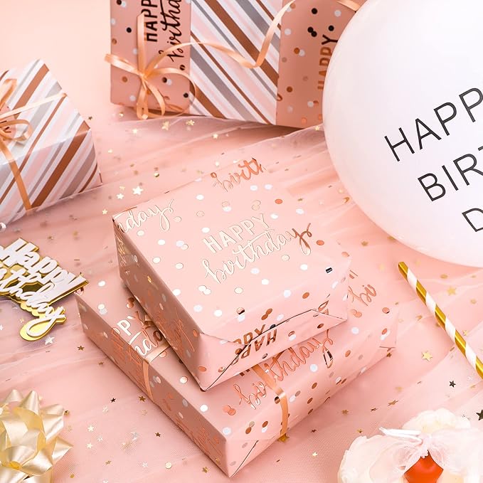 LeZakaa Reversible Pink Birthday Wrapping Paper Roll for Girls Women, Happy Birthday Lettering & Stripe Pattern with Metallic Foil in Pink, Mini Roll, 17 inches x 16.4 Feet