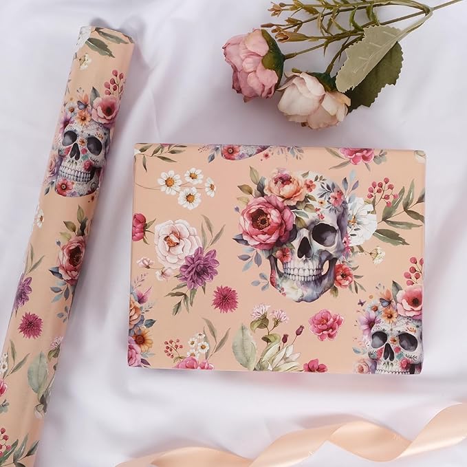 Aimyoo Gothic Wrapping Paper Roll, 17 Inch X 33 Fee Skull Floral Berry Design Gift Wrap Paper for Mother's Day, Birthday Bridal Shower