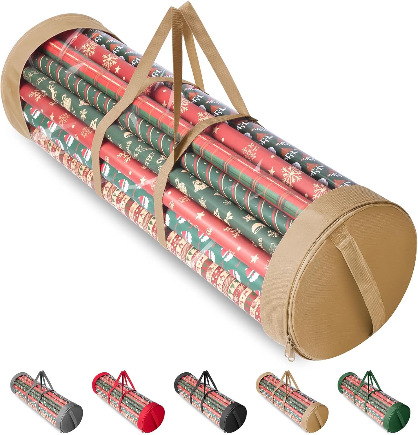 BALEINE Christmas Wrapping Paper Organizer Storage, 41" Gift Wrapping Paper Storage Containers, Clear PVC with Durable 600D Oxford Fabric Gift Wrap Paper Holder Fits 18-25 Rolls, Golden
