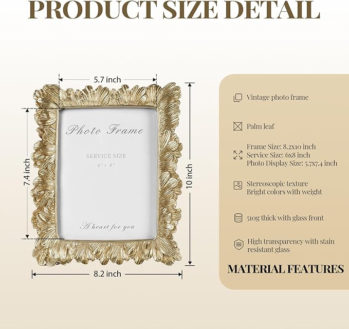 Cuspin 6x8 Picture Frame Vintage Gold Frames, Gold Palm Leaves Textured Hand-Crafted Resin Frames with Glass Front, Elegant Retro Decorative Photo Frame for Wall and Tabletop Display Home Decor