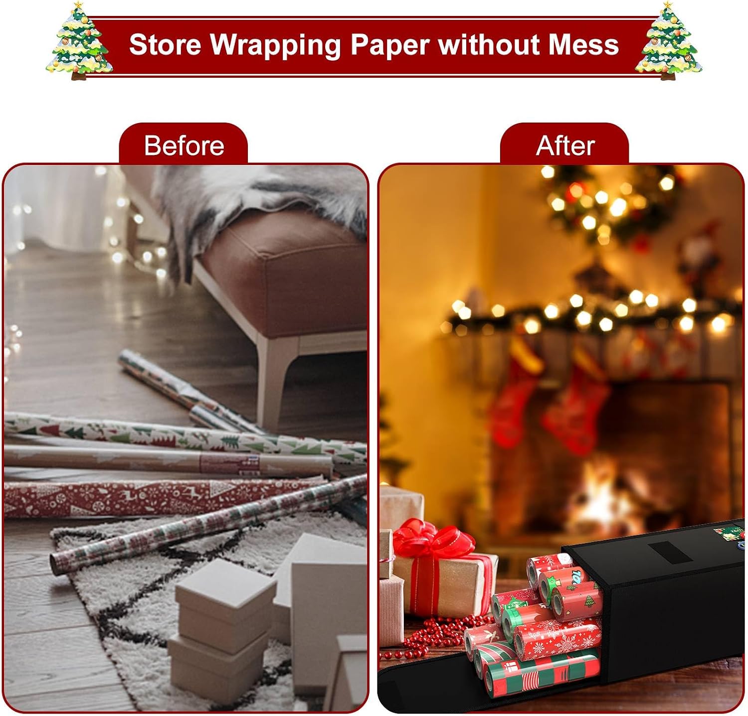Demao Wrapping Paper Storage Bag 31", Gift Wrapping Paper Organizer Storage Containers with Pocket for Crafts Poster Tools, Christmas Wrap Paper Holder fits for 9 Standard Rolls (Black-1pc)