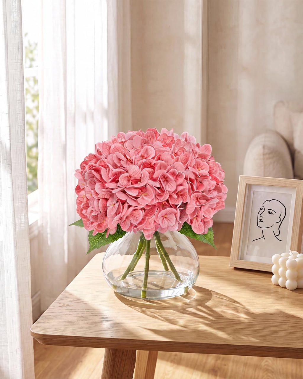 hydrangea artificial flowers with vase, real touch latex, side view