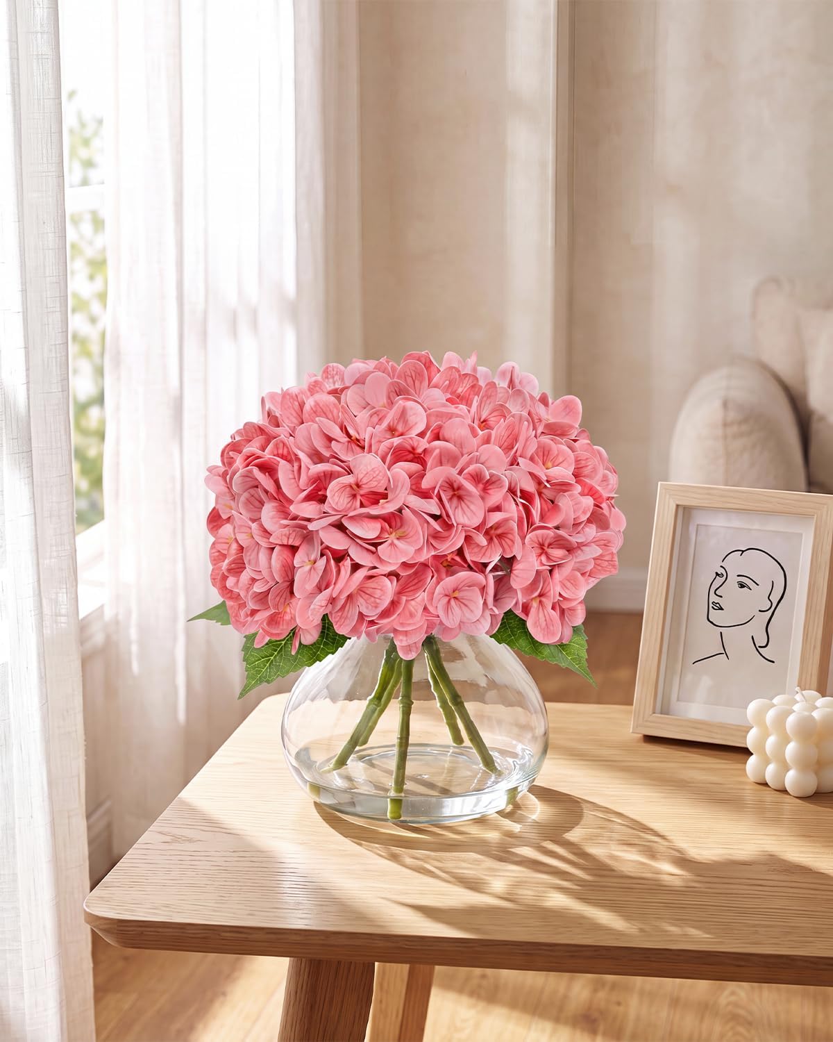 hydrangea artificial flowers with vase, real touch latex, side view