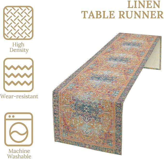 Boho Floral Vintage Table Runner, Orange Retro Flower Rustic Country Farmhouse Abstract Pattern for Home Kitchen Table Decor Dining Coffee Room Party Decor 13x90in