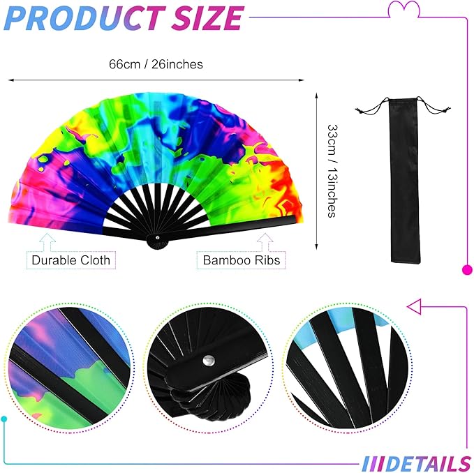 Qunclay 12 Pieces UV Glow Large Rave Folding Hand Fan Festival Fan for Men Women Chinese Japanese Clack Handheld Fan with Rainbow Butterfly for Drag Queen Dance Performance Music Party Gifts, 24 Inch