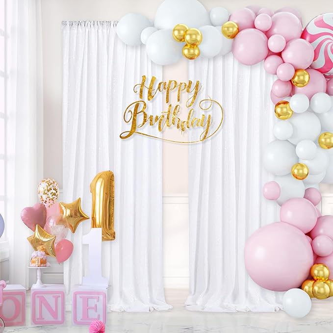 White Sequin Backdrop 2 Panels Curtains 2FTx8FT Party Backdrop Glitter Birthday Wedding Curtains Sparkle Photo Background