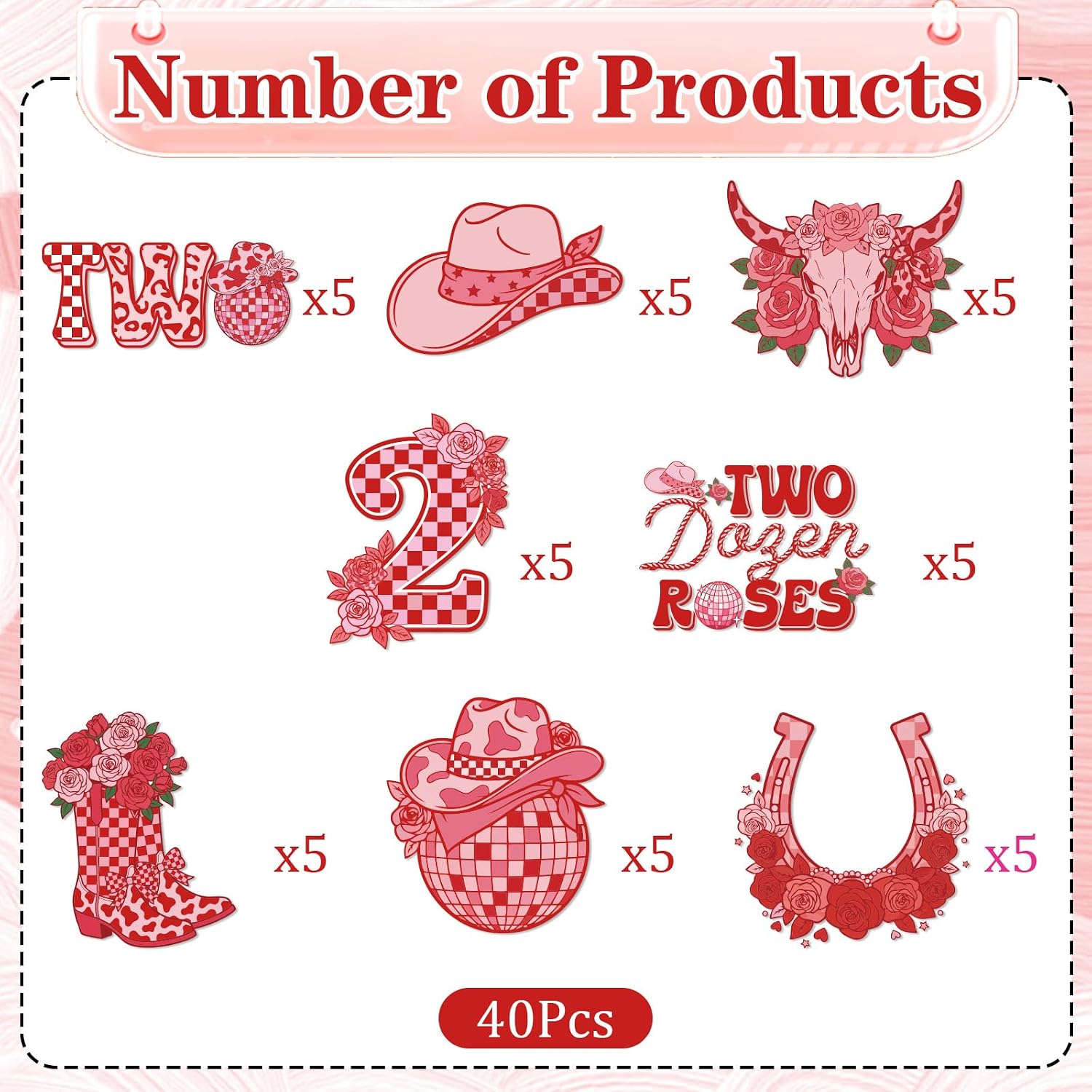 Two Dozen Roses 2nd Birthday Theme Decorations, 40PCS 2nd Birthday Cupcake Toppers Party Decorations for Girl, Pink Floral Western Cupcake Picks Table Decor Supplies