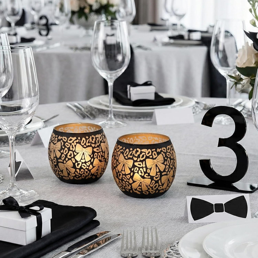 Leopard Candle Holder with Bow Set of 2, Black Gold Votive Tealight Candle Holders for Room Decor, Aesthetic Ribbon Votive for Wedding Centerpieces & Leopard Birthday Party Decorations