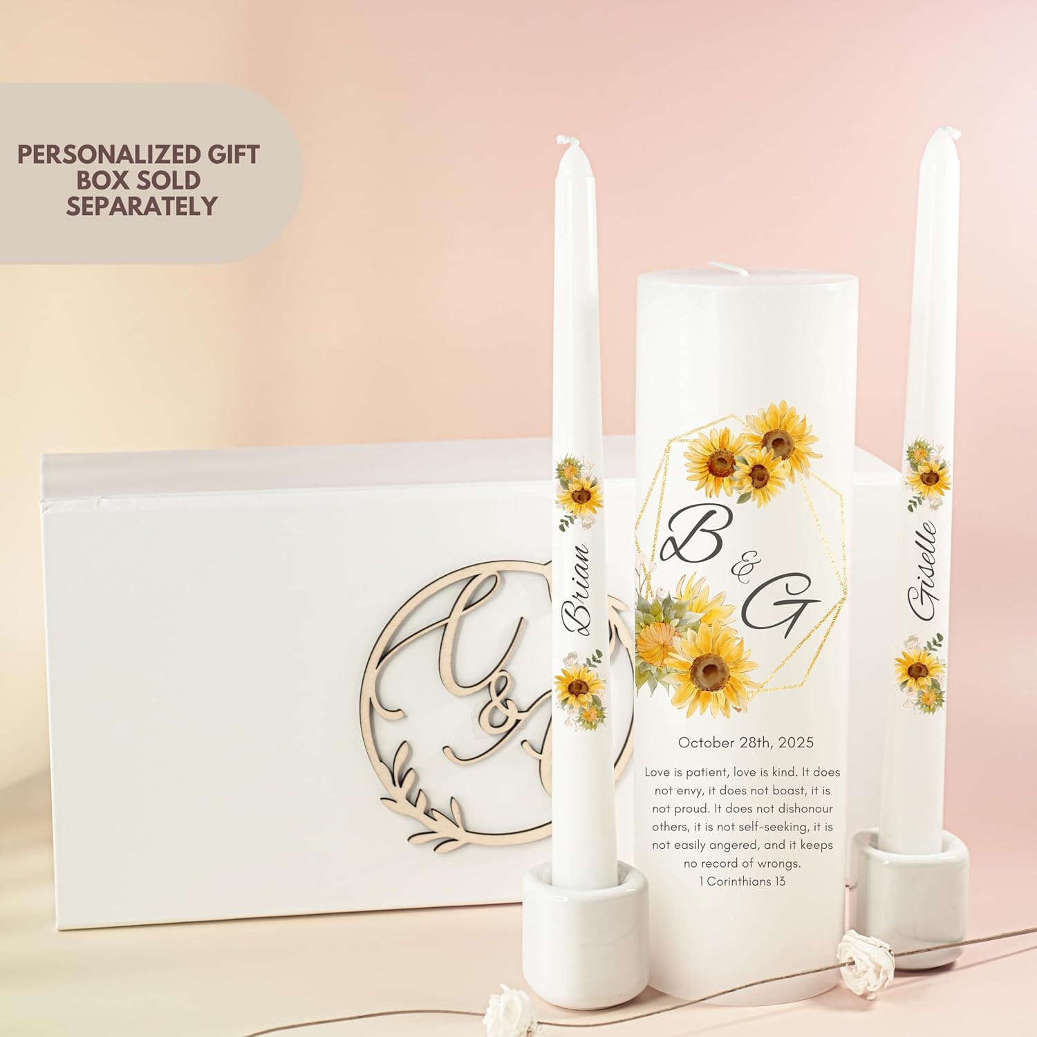 Unity Candles for Wedding, Modern Unity Set, Custom and Personalized Pillar and Taper Candles with Bible Quote, Unscented White Premium Wax, Religious and Wedding Ceremony, Special Events
